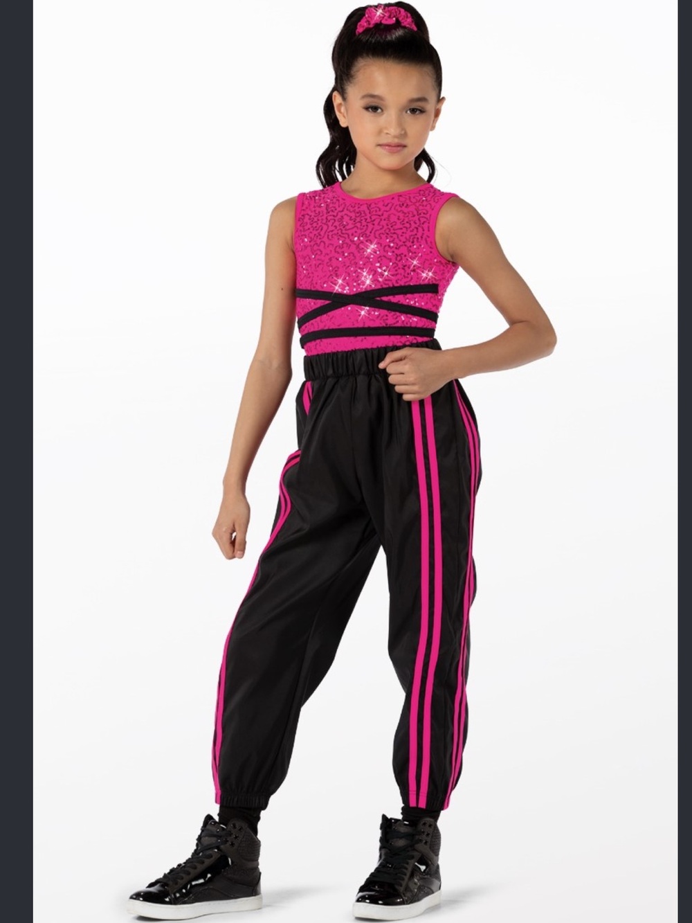 Weissman Hip Hop Costume Jumpsuit Black Track Pants with Hot Pink Sequence top M